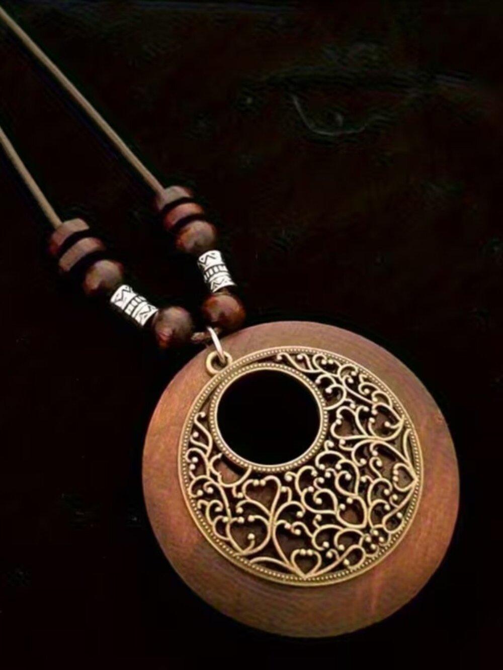 NWT Vintage Boho Wooden Circular Pendant Long Cord Sweater Necklace Bohemian